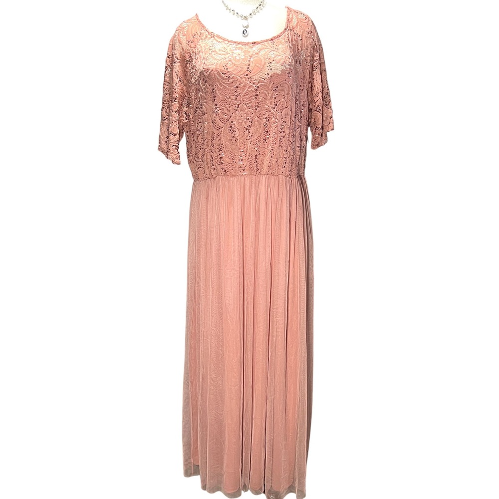 Candallite Women's 3X Pink Lace Sequin Tulle Maxi Dress Evening Formal Guest New